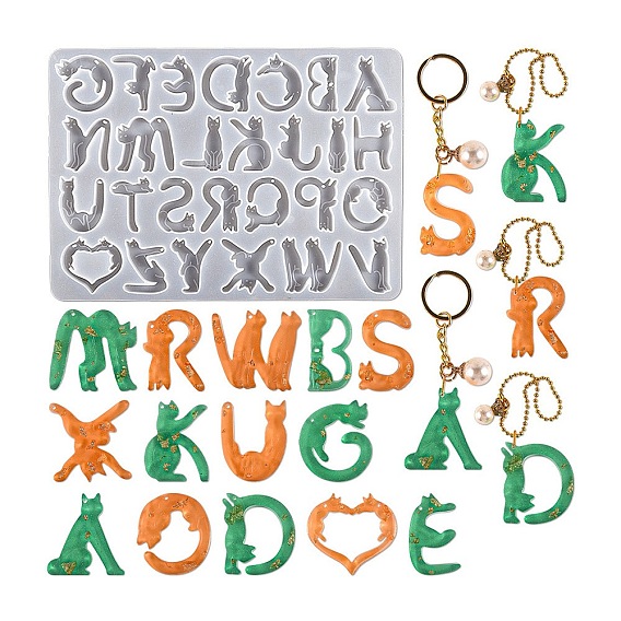 DIY Cat with 26 Letters Pendant Silicone Molds, Resin Casting Molds, for UV Resin, Epoxy Resin Jewelry Making