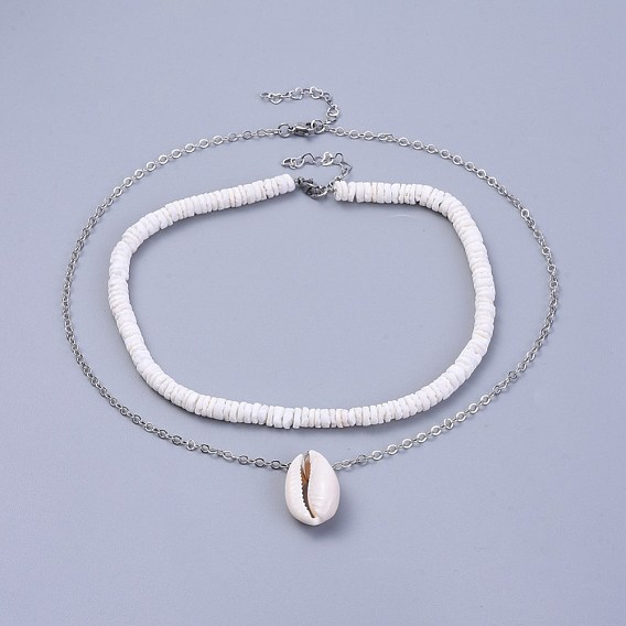 Shell Necklace Sets, with Shell Beads, Brass Cable Chains and 304 Stainless Steel Findings, with Burlap Paking Pouches Drawstring Bags