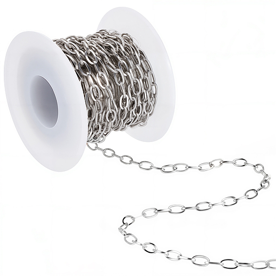 5M Stainless Steel Textured Cable Chains, Soldered, Oval, with 1Pc Plastic Empty Spools