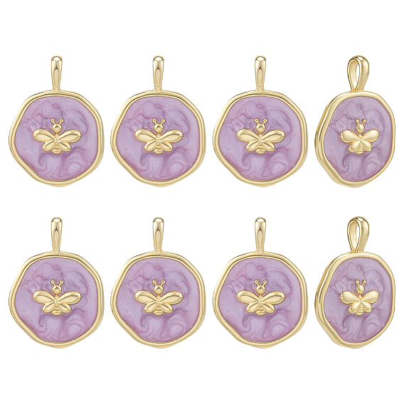 8 кулоны латунные эмалевые шт., плоские круглые с пчелой, сирень, долговечный
