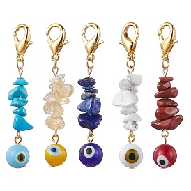 Handmade Evil Eye Lampwork Pendant Decorations, with Gemstone Chip Beads and Zinc Alloy Lobster Claw Clasps