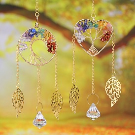 Chakra Natural Gemstone Chips Wire Wrapped Metal Tree of Life Hanging Ornaments, Leaf & Glass Tassel Suncatchers Home Garden Outdoor Decorations