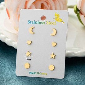 304 Stainless Steel Earring Sets, Star & Moon & Heart & Round