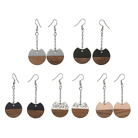 Two Tone Resin & Walnut Wood Flat Round Dangle Earrings, 304 Stainless Steel Long Drop Earrings