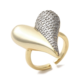 Brass Micro Pave Cubic Zirconia Cuff Rings for Women, Long-Lasting Plated, Cadmium Free & Lead Free, Heart