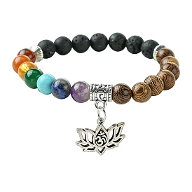 Chakra 8mm Gemstone & Wood Round Beaded Stretch Bracelets, Lotus Flower Alloy Charm Bracelets