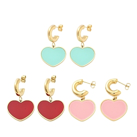 Ion Plating(IP) 304 Stainless Steel Heart Stud Earrings, with Enamel for Women, Real 18K Gold Plated