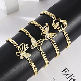 Brass Micro Pave Cubic Zirconia Link Bracelets, Cuban Link Chain Jewelry for Women, Butterfly