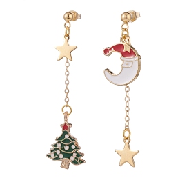 Christmas Tree & Moon Alloy Enamel Dangle Stud Earrings, 304 Stainless Steel Long Tassel Asymmetrical Earrings for Women
