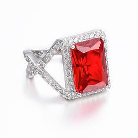 Trendy Brass Micro Pave Cubic Zirconia Finger Rings, Rectangle, Platinum, Mixed Size
