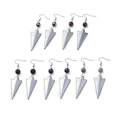 Gemstone Dangle Earrings, with Non-magnetic Hematite Pendants and 304 Stainless Steel Earring Hooks, Triangle and Round