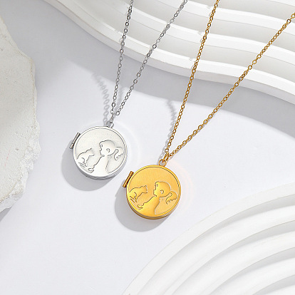 304 Stainless Steel Girl with Cat Coin Magnetic Photo Locket Pendant Necklaces for Women