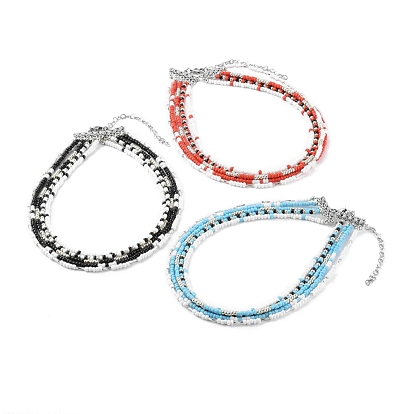Round Seed Beads Multi-strand Necklaces, Multi Layered Necklaces, with Alloy Chandelier Links, Antique Silver