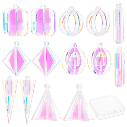 14Pcs 7 Style Transparent Acrylic Pendants, Laser Style, Loops, Bullet & 3D Triangle & Rhombus & Rectangle & Flat Round & Ring