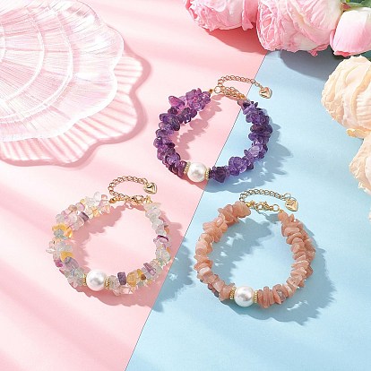 3Pcs Natural Fluorite & Sunstone & Amethyst Chip Beaded Bracelets for Women, with Shell Pearl
