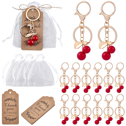10шт. брелоки из цинкового сплава и смолы в виде вишни, золотые, в комплекте 10шт. подарочных мешочков из органзы и подарочных этикеток, а также 10м отрезов джута.