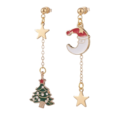 Christmas Tree & Moon Alloy Enamel Dangle Stud Earrings, 304 Stainless Steel Long Tassel Asymmetrical Earrings for Women