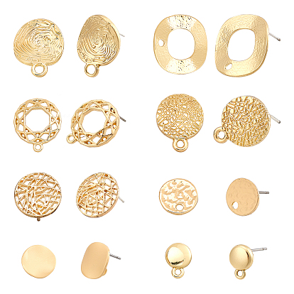 32Pcs 8 Style Alloy Stud Earring Findings, with Steel Pins and Loop, with 50Pcs Plastic Ear Nuts, Flat Round