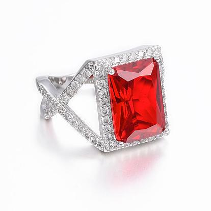 Trendy Brass Micro Pave Cubic Zirconia Finger Rings, Rectangle, Platinum, Mixed Size