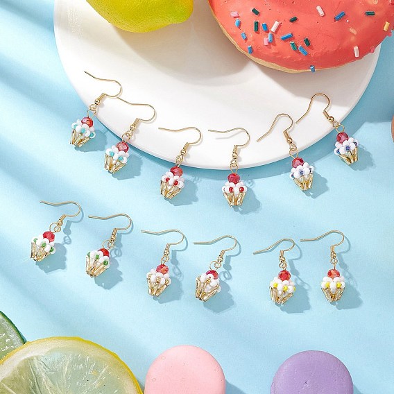 Висячие серьги из стеклянных бусин ручной работы в форме стаканчика мороженого для женщин, с 304 фурнитурой из нержавеющей стали, золотые