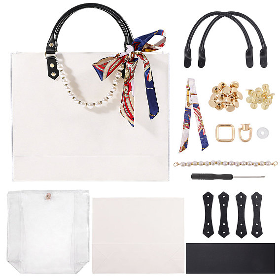DIY Handbag Making Kit, including PU Leather handle, Paper Bottom, Plastic Bag, Resin Imitation Pearl Chain
