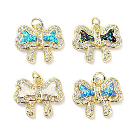 Brass Micro Pave Clear Cubic Zirconia Pendants, with Synthetic Opal and Jump Rings, Real 18K Gold Plated, Bowknot Charms