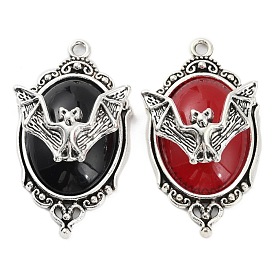 Halloween Alloy Oval Pendants, Bat Charms with Resin, Antique Silver