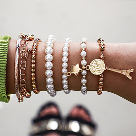 Multi-Element Eiffel Tower Pearl Retro Bracelet with Coin Six-Piece Set and Multi-Layer Elasticity Bracelet Jewelry