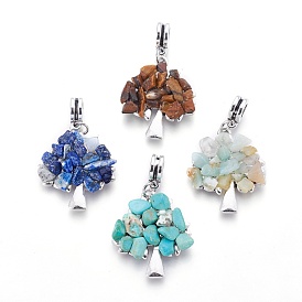 Alloy European Dangle Charms, with Gemstone Chips, Tree, Antique Silver