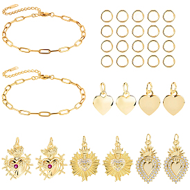 Наборы для самостоятельного изготовления браслета с подвесками в форме сердца, включают в себя ювелирные плоскогубцы из углеродистой стали, из нержавеющей стали цепи браслеты, 304 кольца прыжок из нержавеющей стали, Латунные подвески