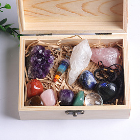 Natural Gemstone Nuggets Display Decoration & Hanging Decoration Set, Healing Stone for Reiki Chakra Meditation Therapy Decos, with Rectangle Wood Box
