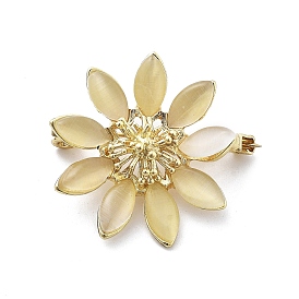 Flower Alloy & Glass Cat Eye Brooches