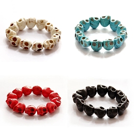Synthetic Turquoise Skull Beaded Stretch Bracelets, Gemstone Gothic Jewelry for Women