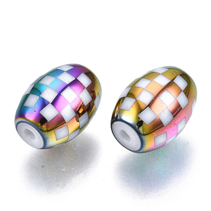 Electroplate Glass Beads, Barrel with Grid Pattern