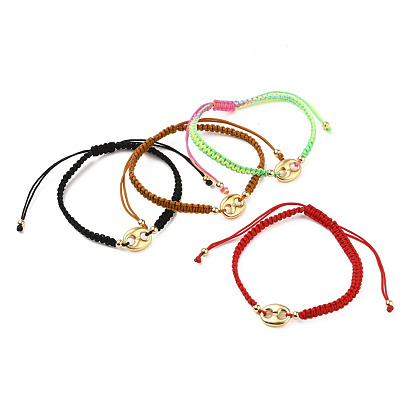 Регулируемые нейлоновые нити плетеные браслеты из бисера, с овальными звеньями из сплава и круглыми латунными бусинами, золотые