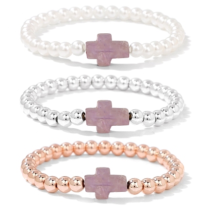 Растягивающиеся браслеты с крестами и драгоценными камнями, с круглыми бусинами из синтетического немагнитного гематита/пластмассового жемчуга