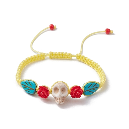 Adjustable Synthetic Dyed Turquoise & Magnesite Braided Bead Bracelets, Halloween Skull & Leaf & Flower Bracelets for Women
