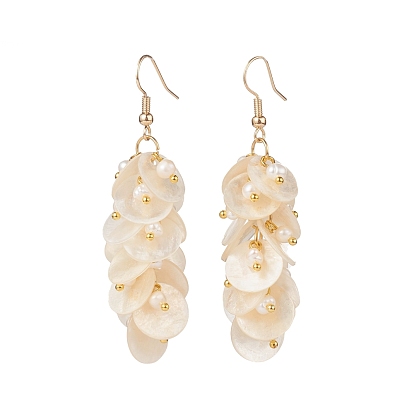 Natural Capiz Shell Cluster Earrings, with Natural Pearl Beads and Brass Earring Hooks, Flat Round, Golden