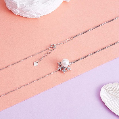 Christmas Snowflake with Pearl Tassel Pendant Lariat Necklace, 925 Sterling Silver Jewelry for Women