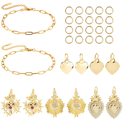 Наборы для самостоятельного изготовления браслета с подвесками в форме сердца, включают в себя ювелирные плоскогубцы из углеродистой стали, из нержавеющей стали цепи браслеты, 304 кольца прыжок из нержавеющей стали, Латунные подвески