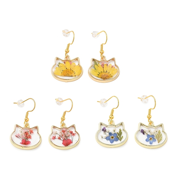 Серьги-подвески из сплава и сушеных цветов, с помощью клея для погружения, форма кошки, золотые