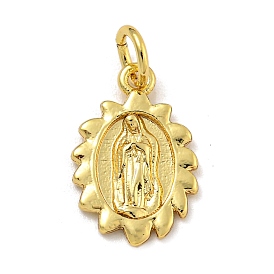 Flower with Virgin Mary Pattern, Rack Plating Brass Pendants, Long-Lasting Plated, Cadmium Free & Lead Free, with Jump Ring Charms