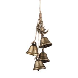 Iron Bell Pendant Decoration, Alloy Moon Sun and Jute Cord for Home Door Hanging Ornaments