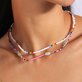 Luxury Colorful Beaded Pearl Necklace with Double Layered Collarbone Chain Jewelry