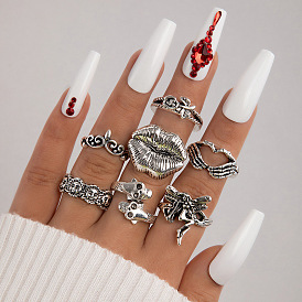 Exaggerated Vintage Lip Heart Face Finger Ring Set - 7 Pieces