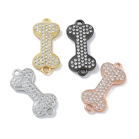 Rack Plating Brass Micro Pave Clear Cubic Zirconia Bone Connector Charms, Long-Lasting Plated, Cadmium Free & Lead Free