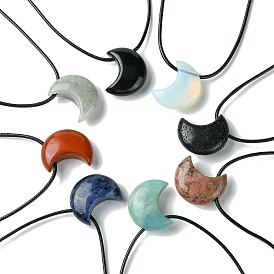 Natural & Synthetic Gemstone Pendant Necklaces, with Wax Cord, Moon