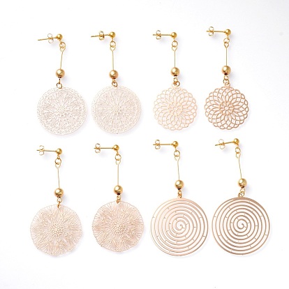 Stud Earrings, with Brass Findings and 304 Stainless Steel Stud Earring Findings, with Ear Nuts, Flat Round & Flower