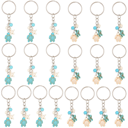 Cra20pcs2 llavero colgante turquesa sintético de tortuga y estrella de mar de colores, con anillo de hierro