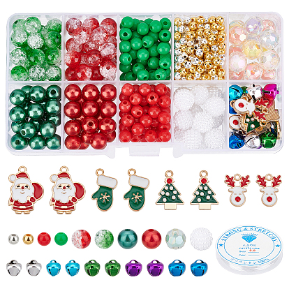 DIY Christmas Bracelet for Kid Making Kits, Including Imitation Pearl Acrylic & Plastic Beads, Iron Bell Charms, Christmas Reindeer & Glove & Tree & Santa Claus Alloy Enamel Pendants